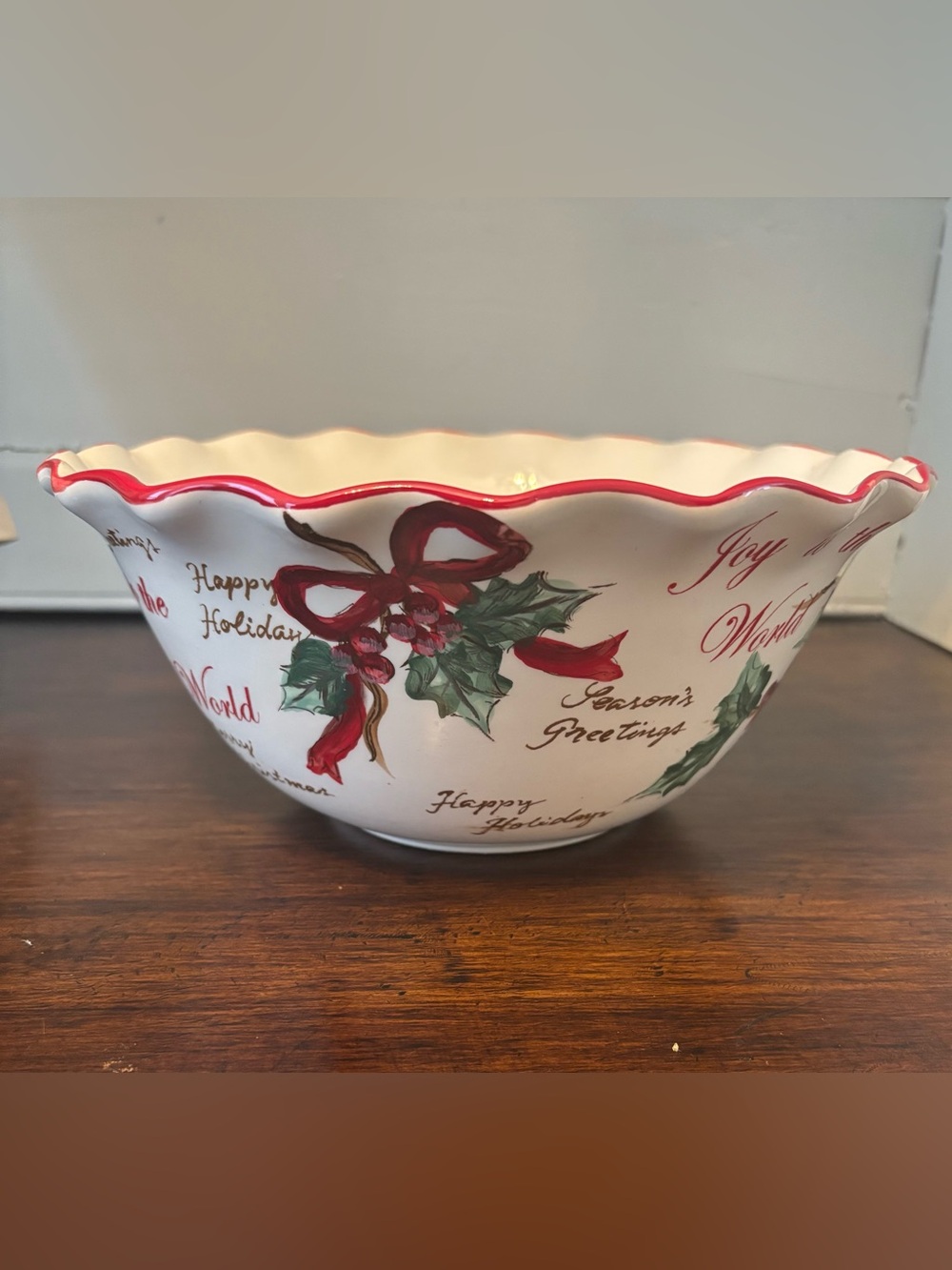 Maxcera Milky Holly Ceramic Holiday 10” Inch Ruffled Rim Serving Bowl
